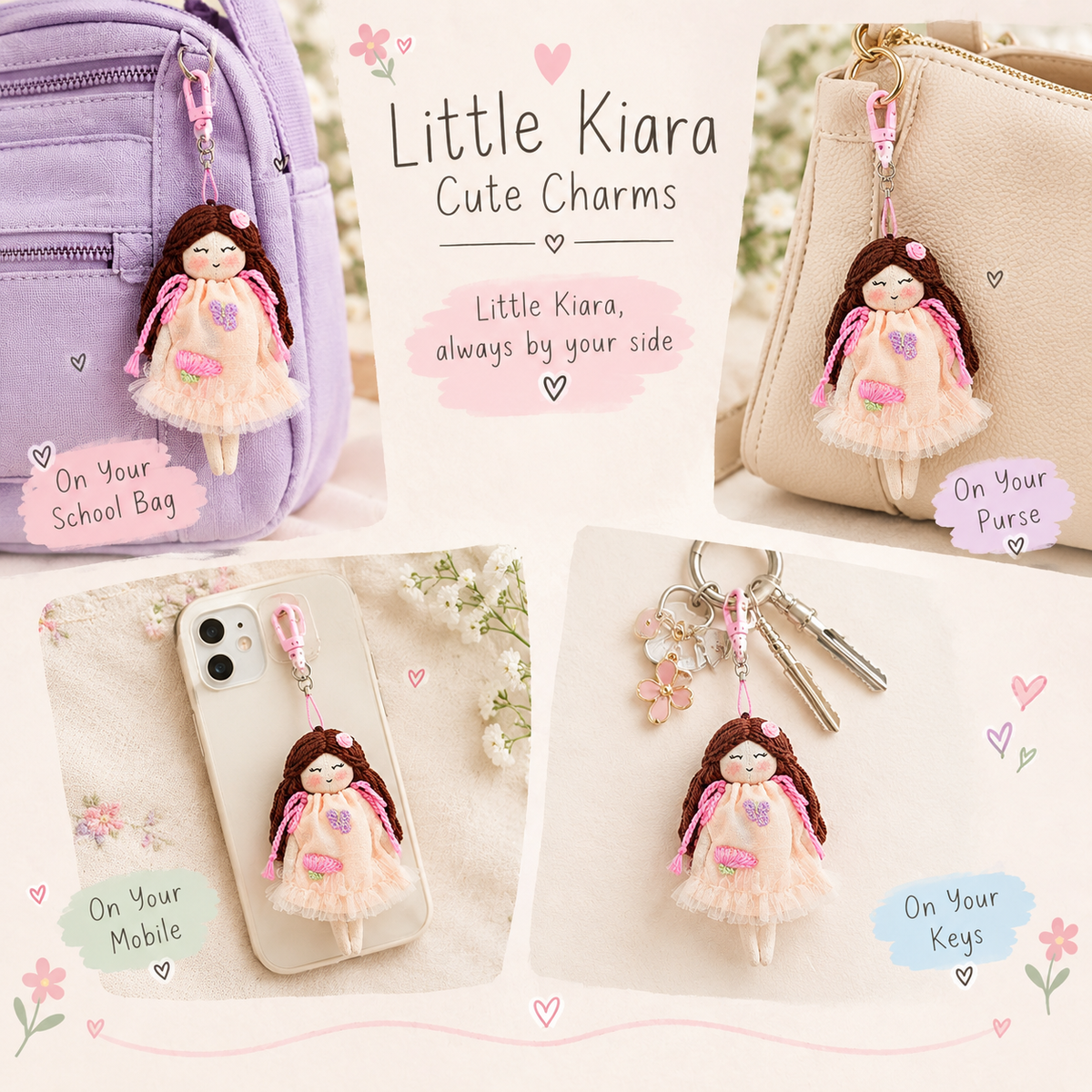 Little Kiara - Sky - A 7" Handmade linen doll charm with keyring
