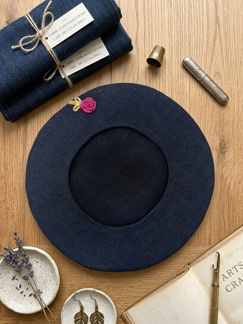 Navy blue felt hat with a pink flower on a wooden surface with crafting materials.