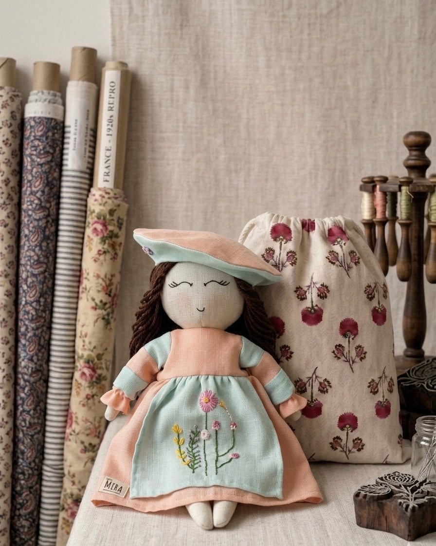 Handmade-little Mira-linen-doll-artisan made-Jaipur