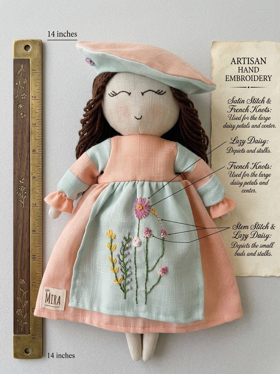 A Handmade 14-inch Heirloom Linen Doll- Little Mira- The Pastel Meadow