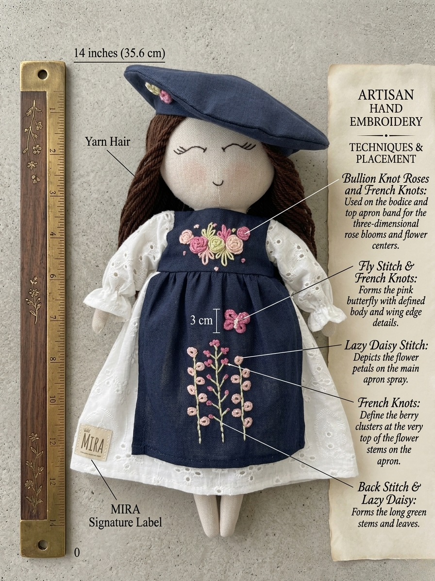 Little Mira- Handmade 14-inch Heirloom Linen Doll- The Midnight Bloom