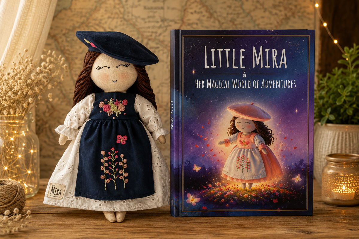 Little Mira Combo - Handmade 14-inch Heirloom Linen Doll- The Midnight Bloom